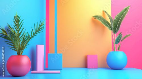 Colorful Interior with Geometric Shapes and Green Plants in Bright Vases