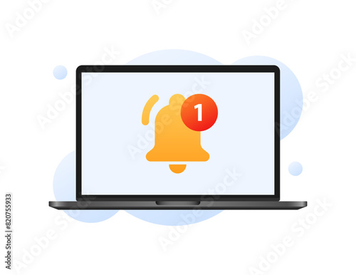 Notification bell icon. Laptop screen. Flat style. Vector icon