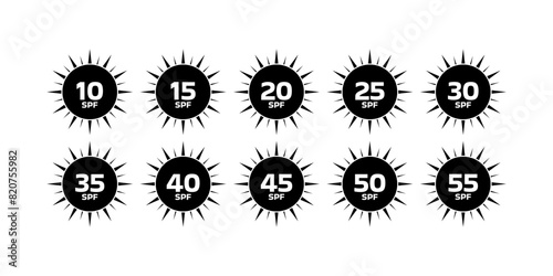 SPF sun protection icon set. Silhouette Style. Vector icons