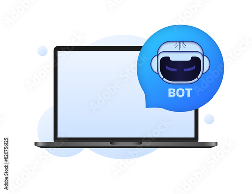 BOT Robot Icon. Laptop screen. Flat Style. Vector icon