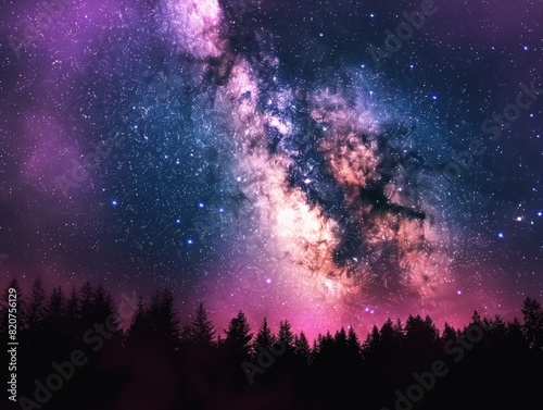 A breathtaking view of the Milky Way galaxy illuminating the night sky above a dark forest silhouette.