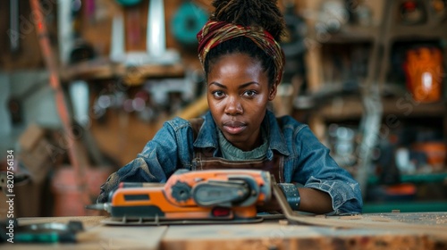 Focused African American Woman Woodworker at Home