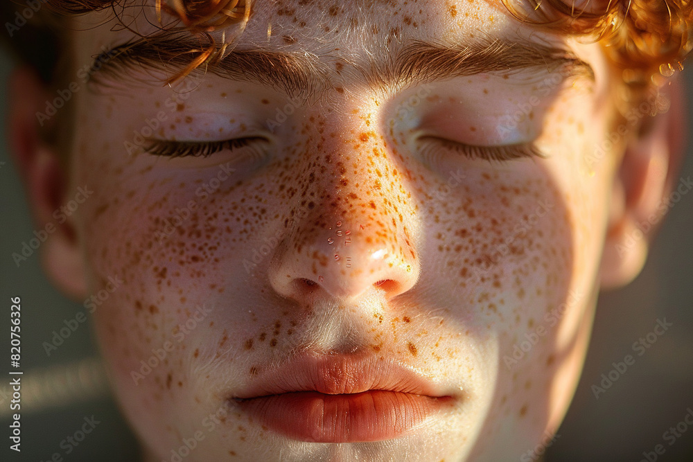 Portrait of a young man with closed eyes with many freckles on his face in sunlight. Beauty and fashion. Protecting your skin from the sun. Generated by artificial intelligence