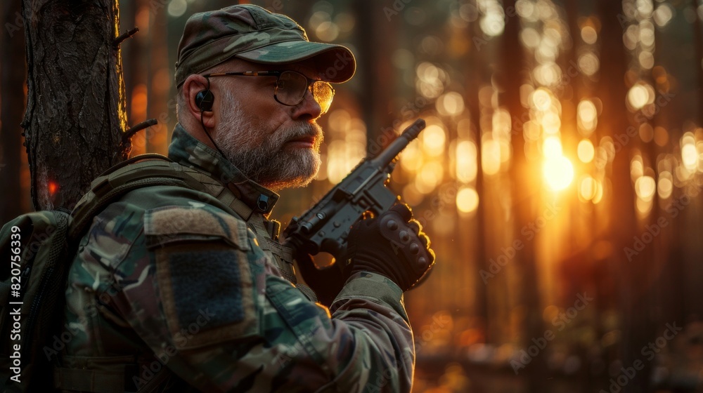 A man in a camouflage jacket and hat is holding a gun A man in a camouflage jacket and hat is holding a gun