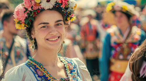 a Ukrainian woman in national dress with flowers on her head at an embroidered shirt festival, smiling and looking into the camera © Kien