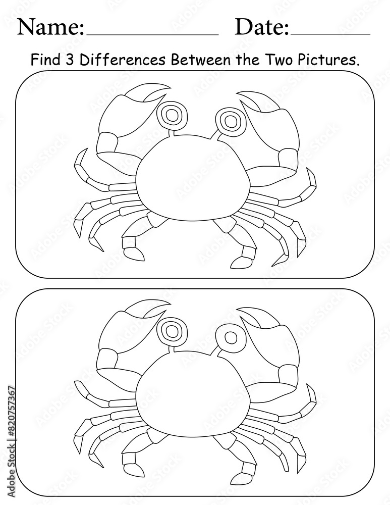 Crab Puzzle. Printable Activity Page for Kids. Educational Resources for School for Kids. Kids Activity Worksheet. Find Differences Between 2 Shapes