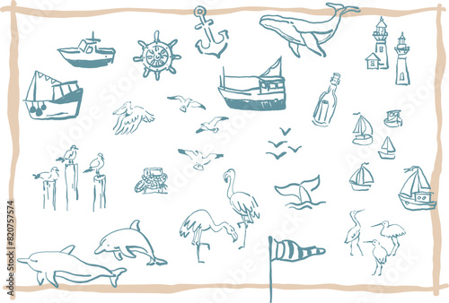 Nautical simple outline ink sketches
