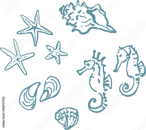 Sea creatures simple outline ink sketches