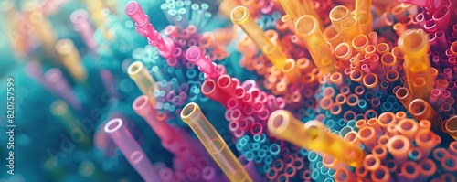 Coral reefs and floating plastic straws, illustration, vibrant tones, intricate