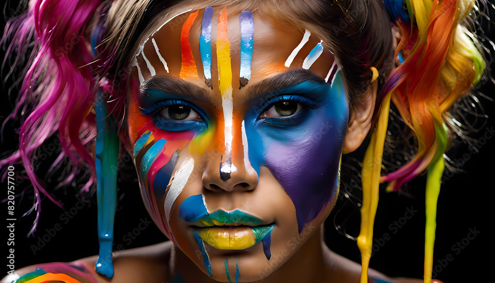 Obraz premium portrait of a woman with painted face, An abstract artistic portrayal featuring a concealed face with vivid paint drips, evoking enigmatic aesthetics 