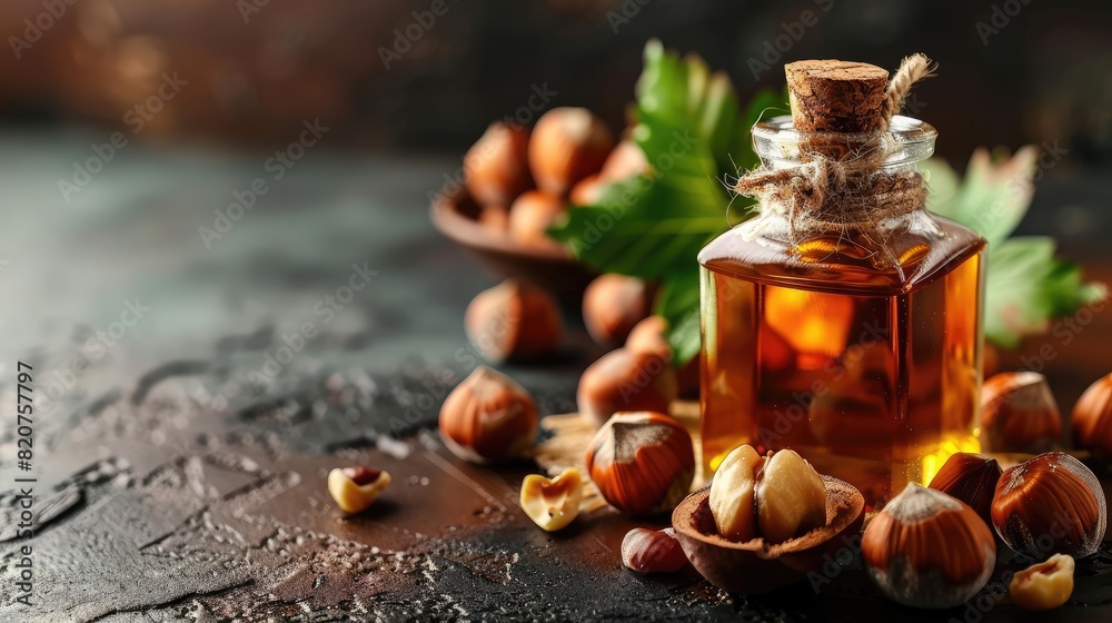 hazelnut essential oil. Selective focus hazelnut essential oil. Selective focus