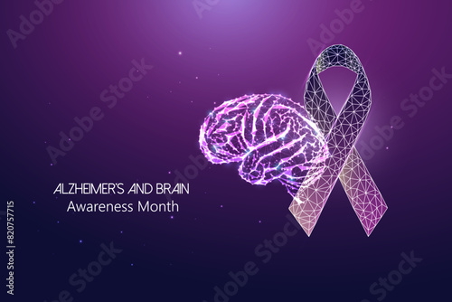 Alzheimer's Disease Awareness Month concept with human brain and purple ribbon on dark background