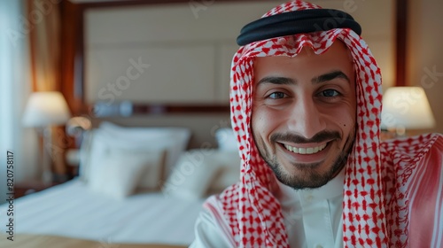 Close up of a Middle Eastern Saudi Arabian man wearing Ghutrah and Iqal having a video call conversation in the room. photo