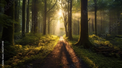 Yellow sunlight streaming through a forest path  highlighting the green foliage and peaceful atmosphere. The bright warming sunlight shine in to the forest through tree create calm atmosphere. AIG35.