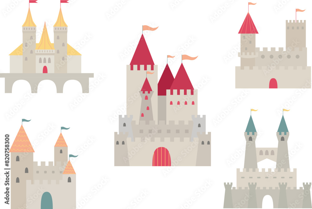 Obraz premium Set of simple flat design grand castles. Castle, fairy tale. medieval buildings fortress fantasy gothic architecture towers for kings and queens. 
