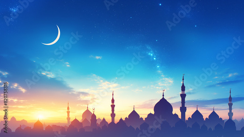 Eid-al-adha vector illustration with great copy space for text, Mosque and crescent.
