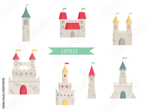 Wallpaper Mural Set of simple flat design small castles. Castle, fairy tale. medieval buildings fortress fantasy gothic architecture towers for kings and queens. Torontodigital.ca