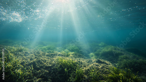 Underwater sun rays with green algae quivering at the bottom of the sea. Landscapes photograph photo