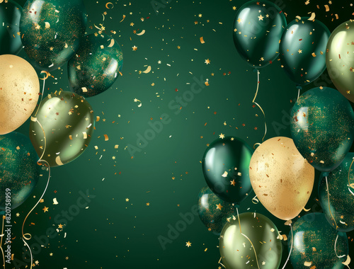 golden and green balloons, confetti and stars on a dark green background. Vector illustration is a template for a banner or greeting card. Happy Birthday.