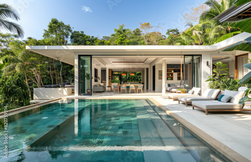 the pool and garden area in front  with a modern minimalist style villa in Phuket Thailand  bright light and colors  white walls and concrete roof  surrounded by lush tropical greenery  creating an el