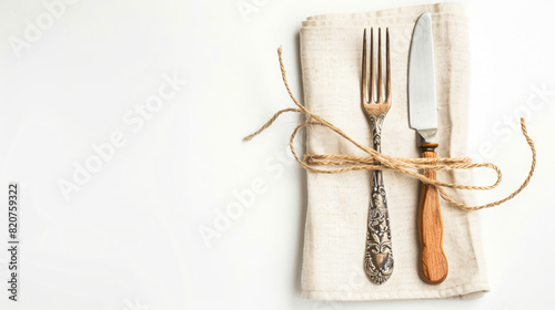 Fork and knife in napkin tied with string 