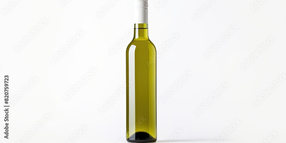 Fototapeta premium A simple, minimalist clear glass bottle filled with pale green liquid, set against a clean white background..