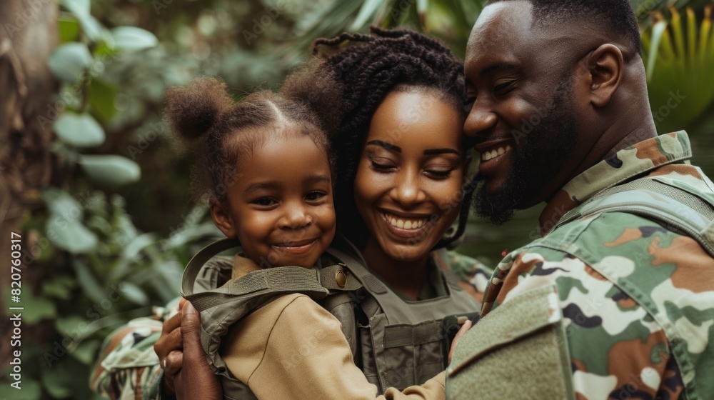 Fototapeta premium A smiling woman and a smiling child are hugging a man in a military uniform