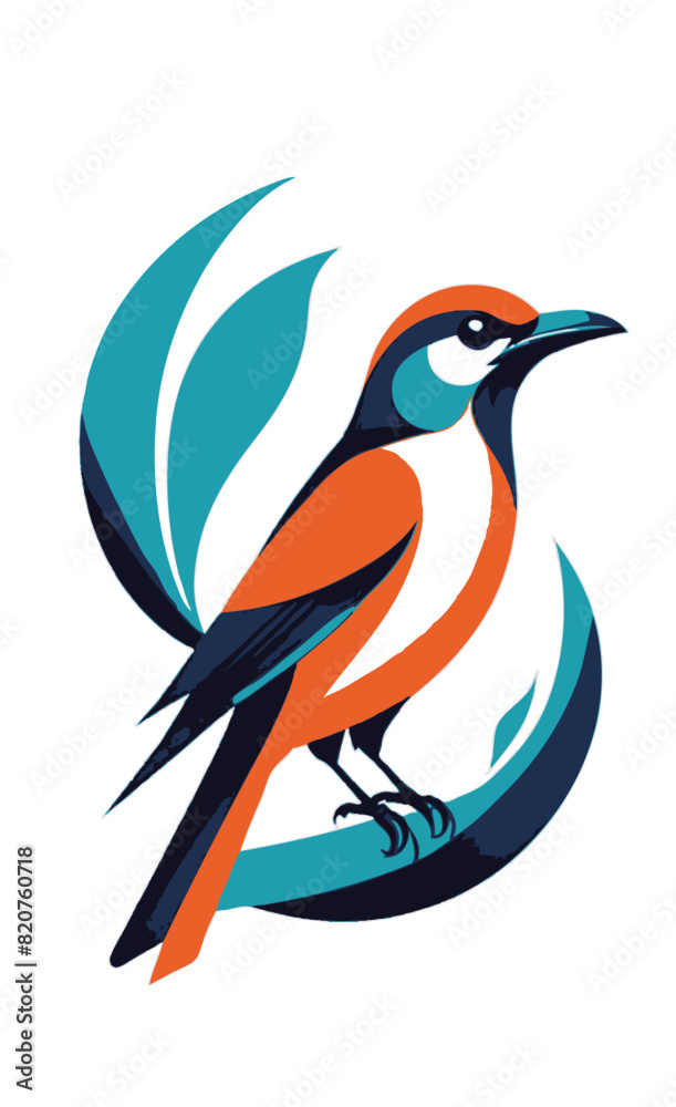 Obraz premium multicolored bird on a branch with leaves vector logo 
