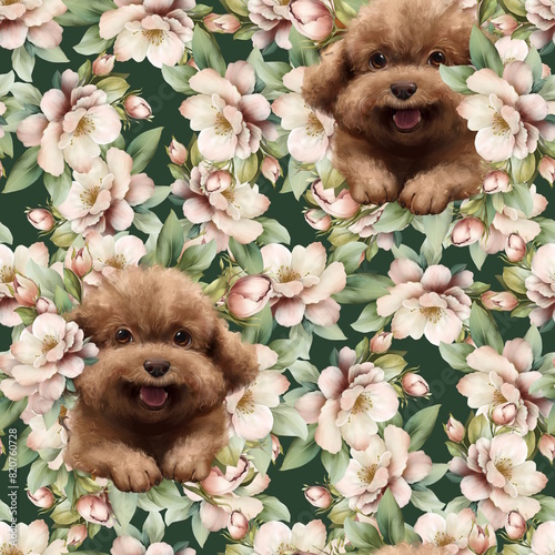 Seamless pattern with cute poodle dogs and flowers.