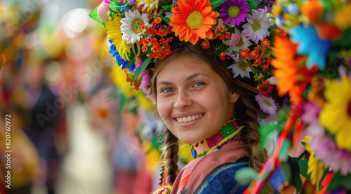 a Ukrainian woman in national dress with flowers on her head at an embroidered shirt festival, smiling and looking into the camera