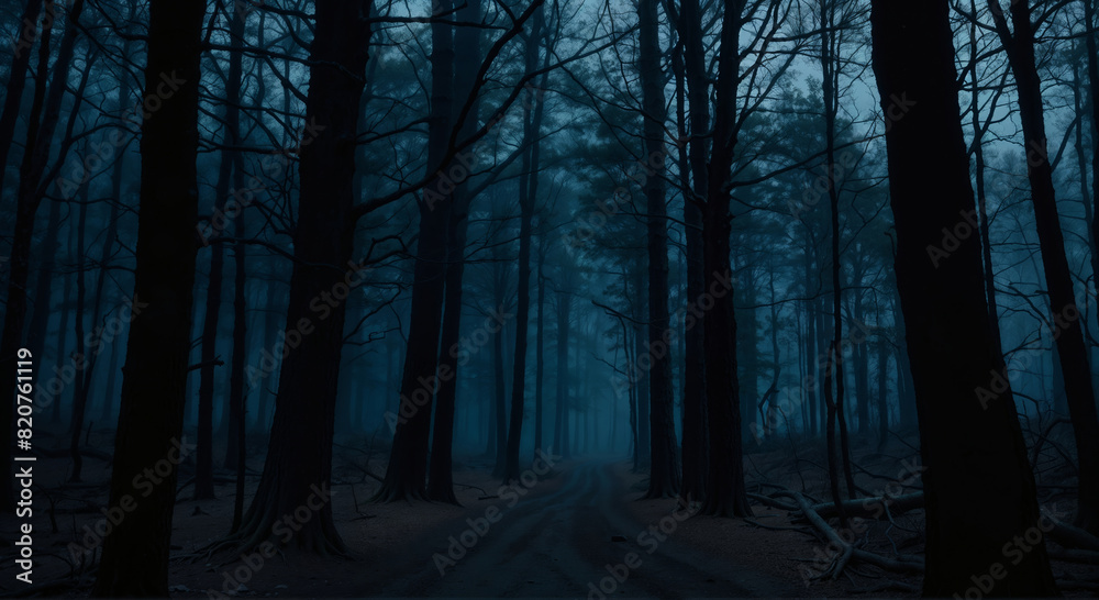 Obraz premium Panorama of foggy forest. Fairy tale spooky looking woods in a misty day. Cold foggy morning in horror forest