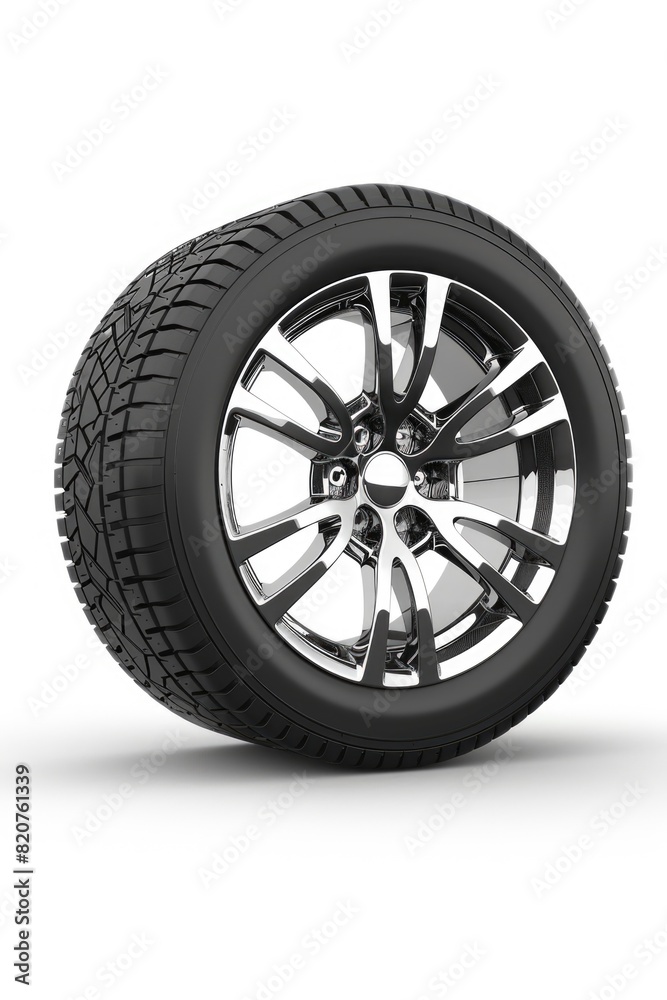 A modern black and chrome wheel on a clean white background. Suitable for automotive and industrial themes A modern black and chrome wheel on a clean white background. Suitable for automotive and industrial themes