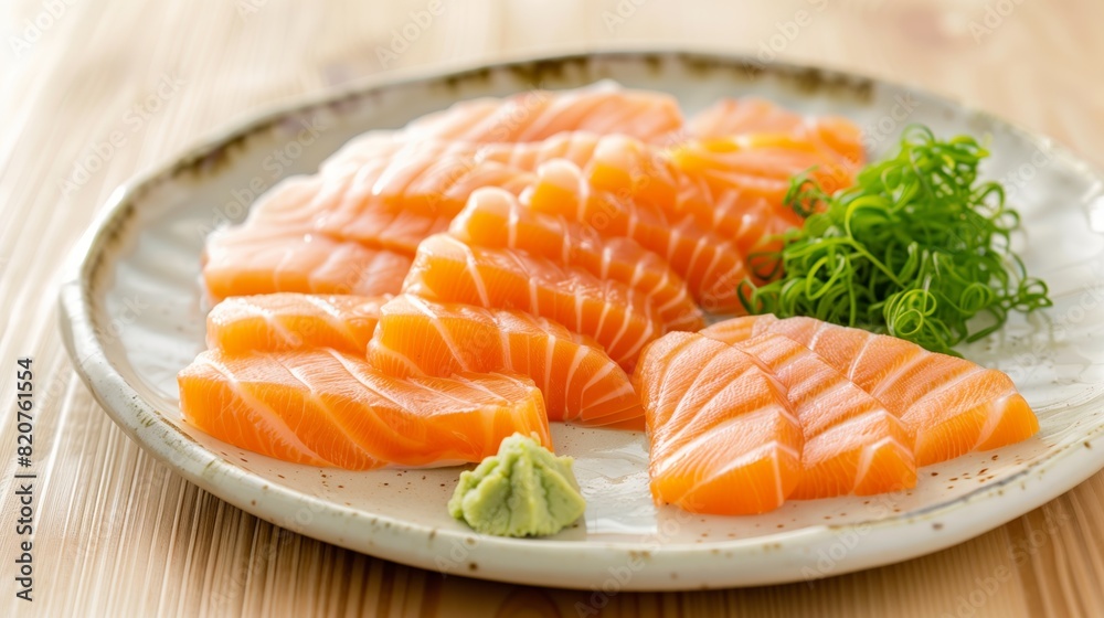 Sashimi salmon with wasabi sauce on a white plate at a Japanese restaurant. Sashimi salmon with wasabi sauce on a white plate at a Japanese restaurant.