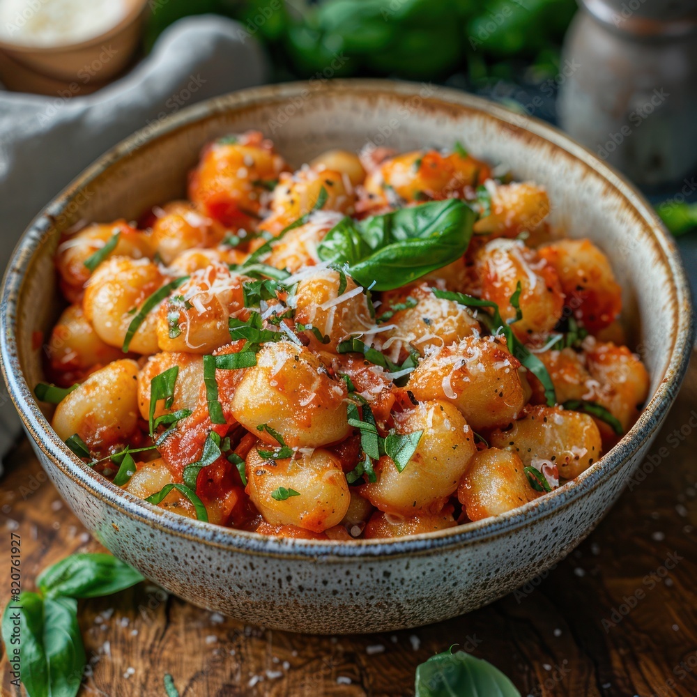 a tantalizing bowl of homemade gnocchi loaded with tomato sauce, garnished with cheese and basil leave a tantalizing bowl of homemade gnocchi loaded with tomato sauce, garnished with cheese and basil leave