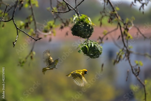 Close-up shot of a Ruppell's weaver birds flying and weaving a nest photo