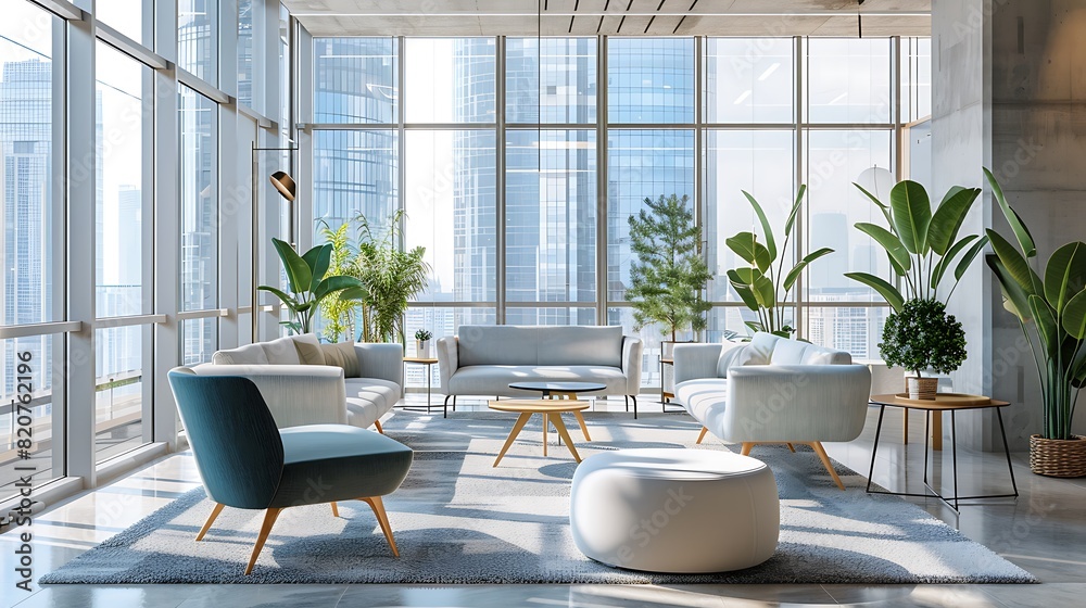 Modern Office Space with Panoramic City View and Relaxing Seating Area | Natural Light, Green Plants, Comfortable Furniture Modern Office Space with Panoramic City View and Relaxing Seating Area | Natural Light, Green Plants, Comfortable Furniture