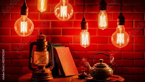 Decoration antique edison light bulbs background red brick wall