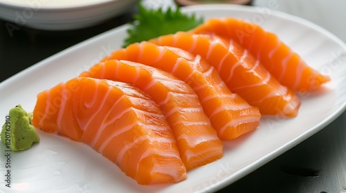 Sashimi salmon with wasabi sauce on a white plate at a Japanese restaurant.