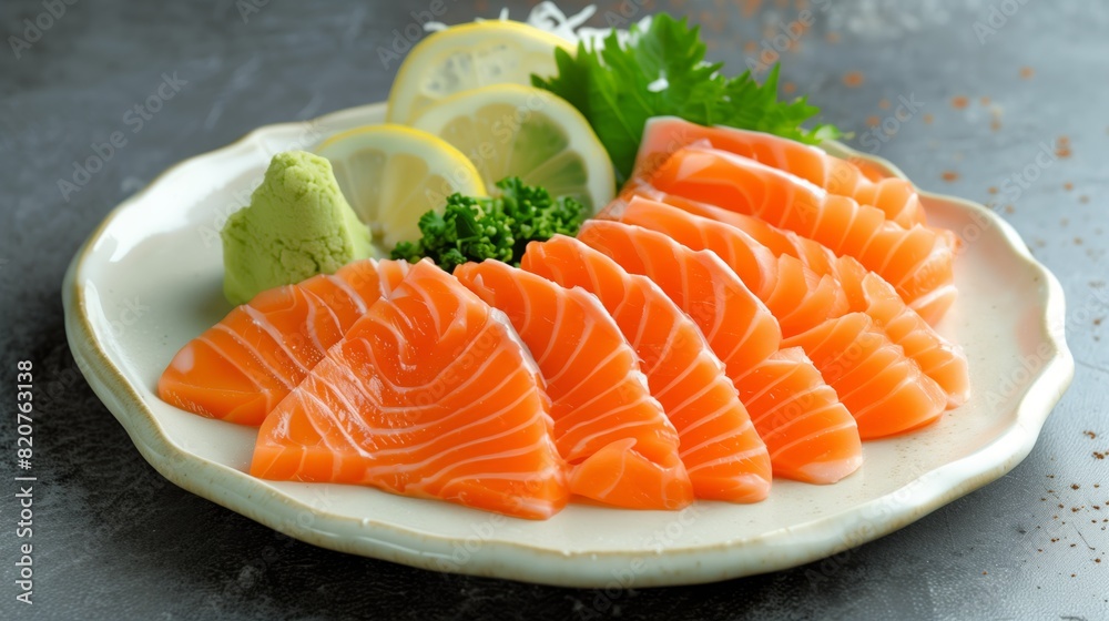 Sashimi salmon with wasabi sauce on a white plate at a Japanese restaurant. Sashimi salmon with wasabi sauce on a white plate at a Japanese restaurant.