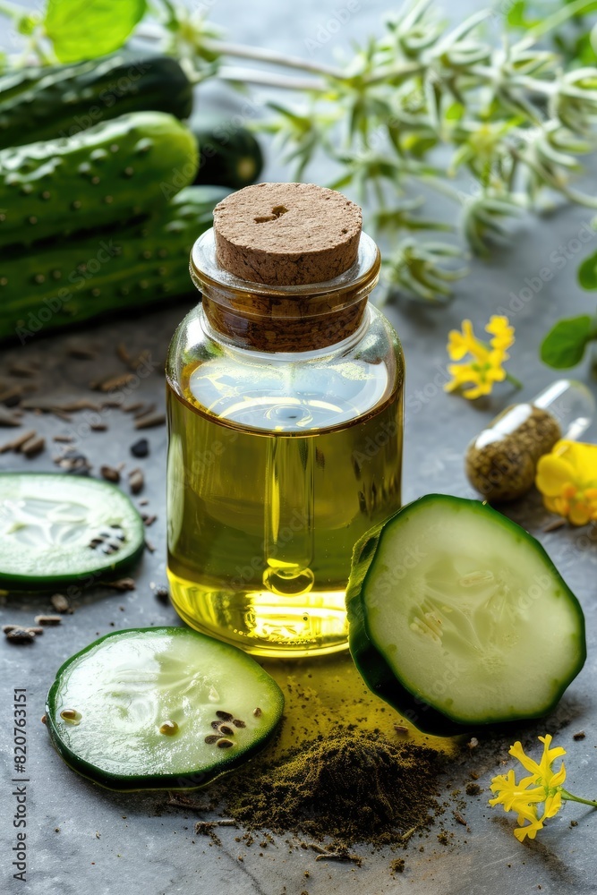 cucumber essential oil. Selective focus cucumber essential oil. Selective focus
