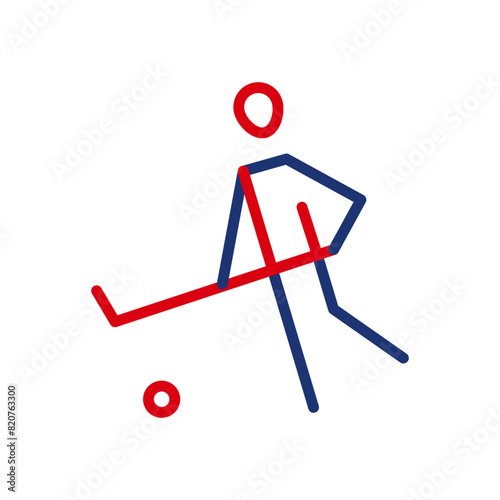 Vector outline icon of a running hockey player trying to score a goal. An athlete plays field hockey. Physically active sports. Flat icon, pictogram. Sports events and competitions.
