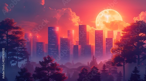 City scape view at sunset purple orange color tone.
