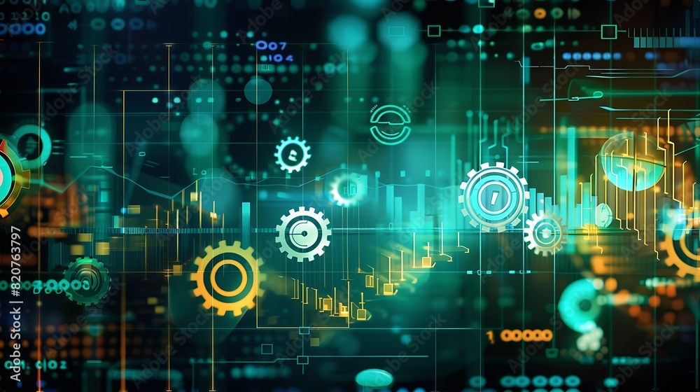 Evolving Technological Advancements: Digital Transformation Concept with Gear Mechanisms, Circuit Patterns, and Rising Bar Graph in Blue, Green, and Gold Tones Evolving Technological Advancements: Digital Transformation Concept with Gear Mechanisms, Circuit Patterns, and Rising Bar Graph in Blue, Green, and Gold Tones