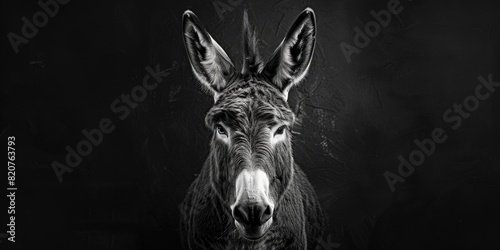 A striking black and white photo of a donkey. Perfect for farm or animal-themed designs