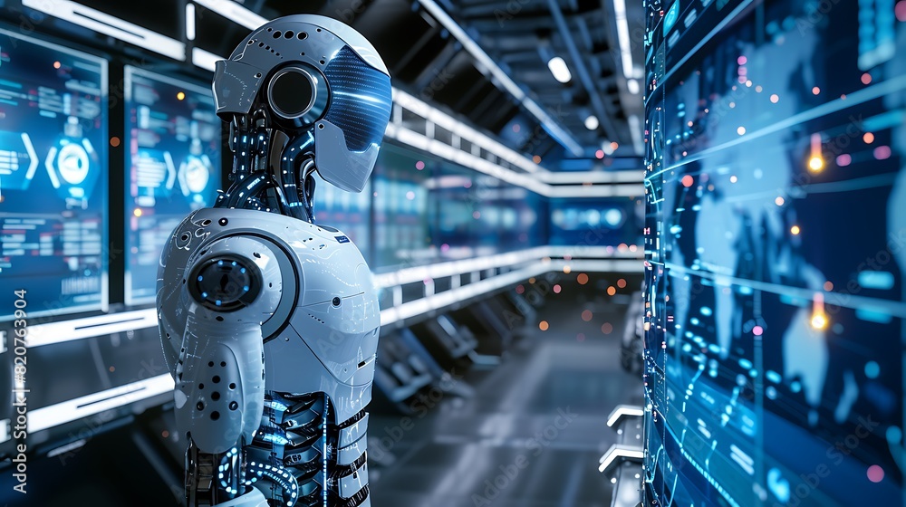 Fototapeta premium Cybernetic Intelligence: Futuristic AI Robot in High-Tech Lab with Holographic Data Displays and Digital Interfaces in Blue, Silver, and Neon Tones