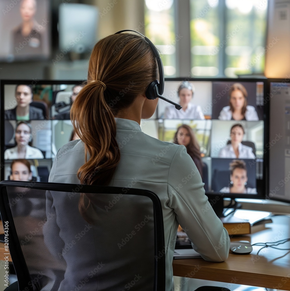 Woman in headset on video call. Work conference.