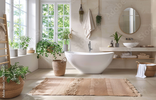 A serene bathroom with plants, bathed in natural light from large windows. A white freestanding tub sits on the right side of the frame, surrounded by a bamboo basket © Kien