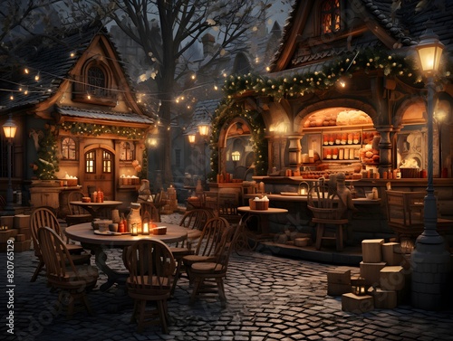 Cafe at night in winter with Christmas decorations. 3d rendering