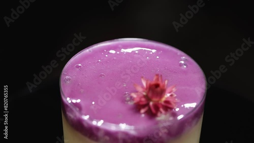 Overhead view of bright colourful beverage with two layers decorated minimalistically with pink helichrysum flower. Coconut blended smoothie with top made of blueberry ready to drink indoors. photo