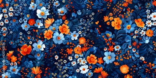 Beautiful floral pattern in small abstract flowers. Small blue and orange flowers. Dark blue background. Ditsy print. Floral seamless background. Liberty template for fashion prints. Stock pattern. © Coosh448